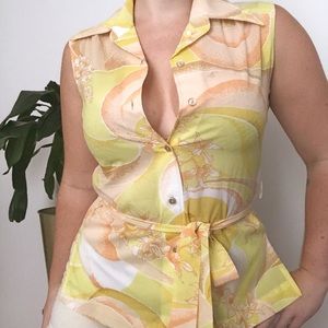 VINTAGE 1970s Yellow Floral Blouse w/ Tie